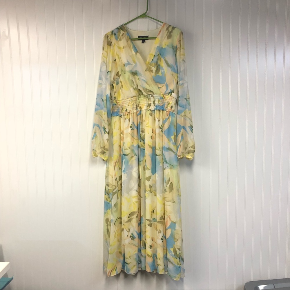 Laundry By Shelli Segal Yellow Blue Floral Long Sleeve Maxi Dress
